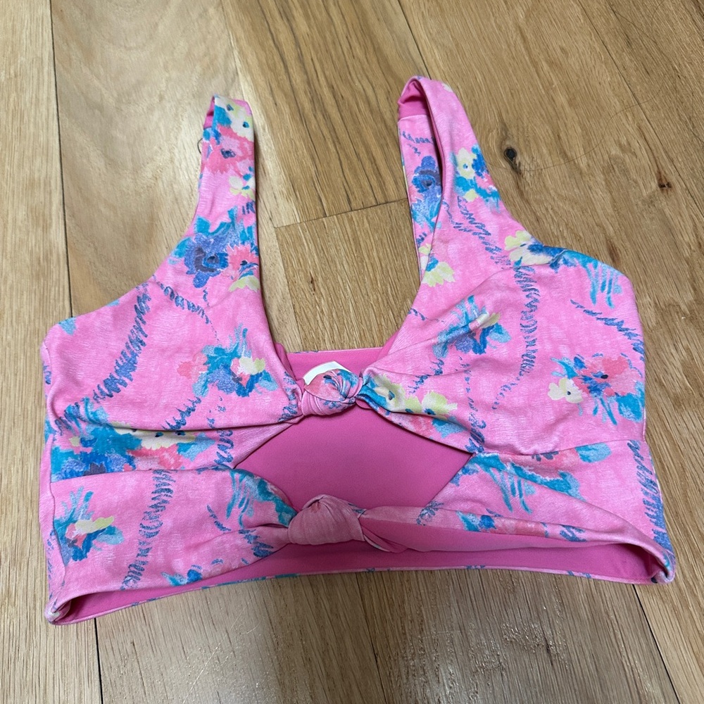 LoveShackFancy x Beach Riot Pink and Blue Floral Knot Sports Bra